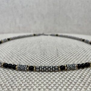 Lagos Caviar Sterling Silver & 18K Yellow Gold Black Onyx Necklace-Rare 3 tone